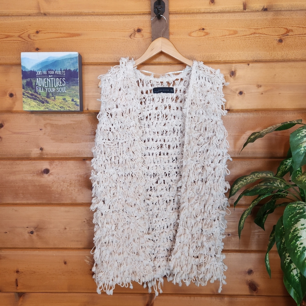 Zara Woman 💜 Open Cardi Coat Shaggy Sleeveless Knit Vest Boho Beige Soft Medium